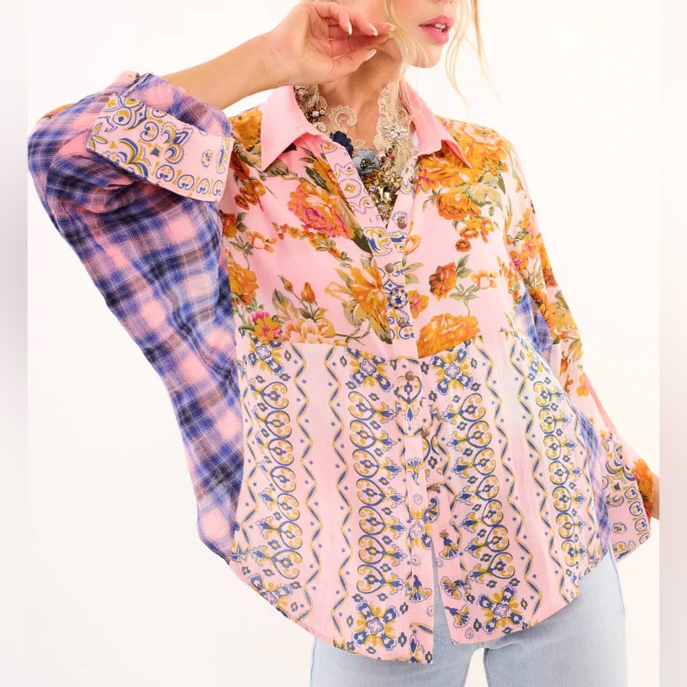 Floral and Plaid Patchwork Blouse